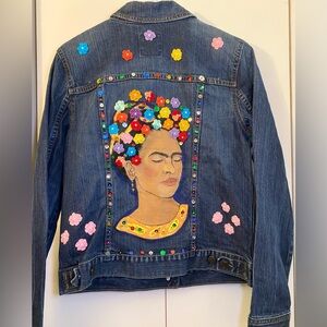 Frida Kahlo Floral Embroidered Denim Jacket (Ptp19") EUC